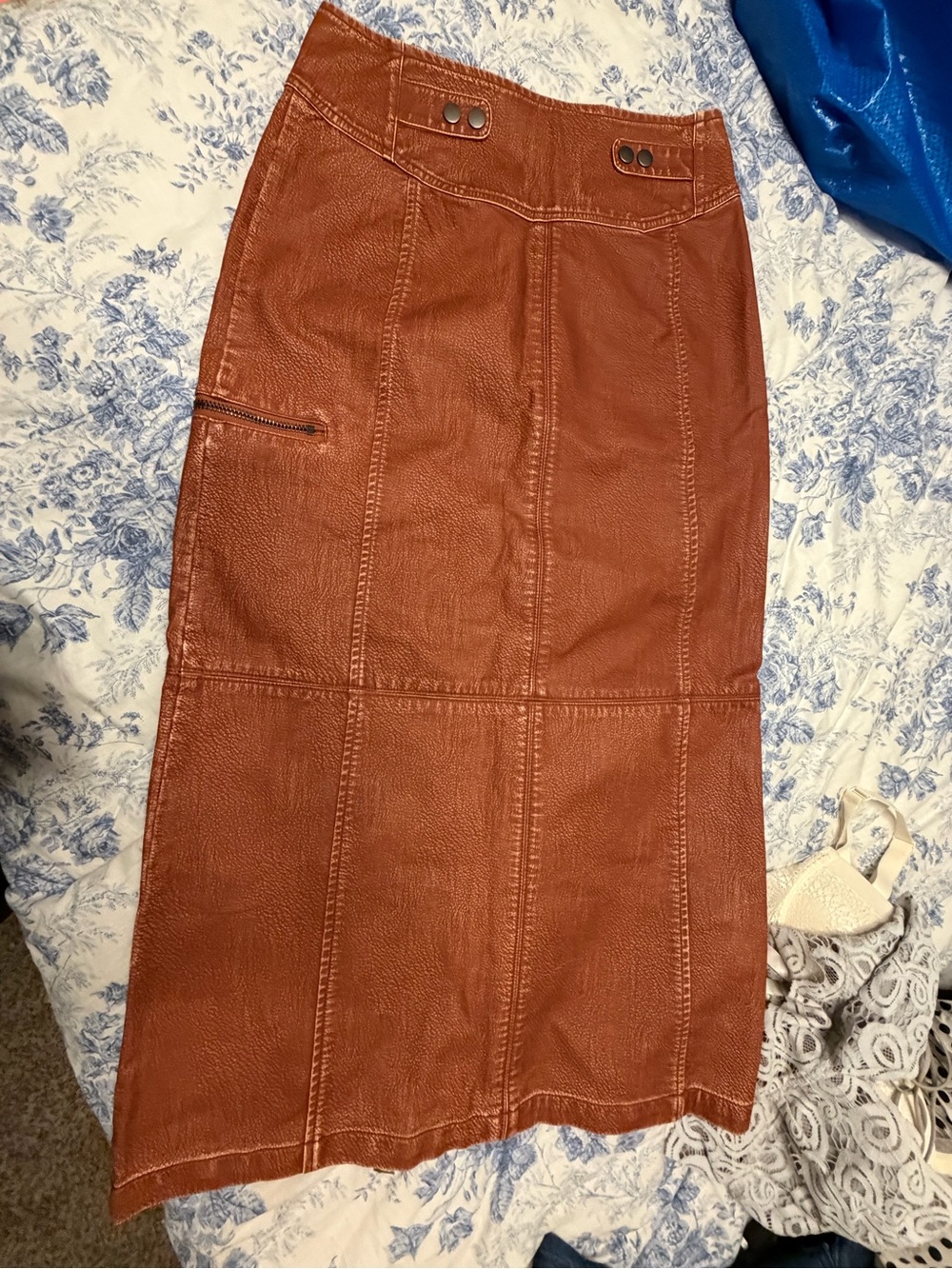 We The Free Rust Brown Faux Leather Midi Skirt with Front Zips - Picture 2 of 3